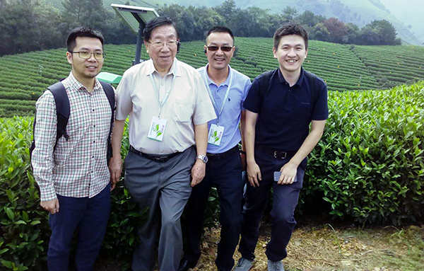 陳宗懋院士、陳渝陽董事長、陳曦經(jīng)理在茶園殺蟲燈面前合影